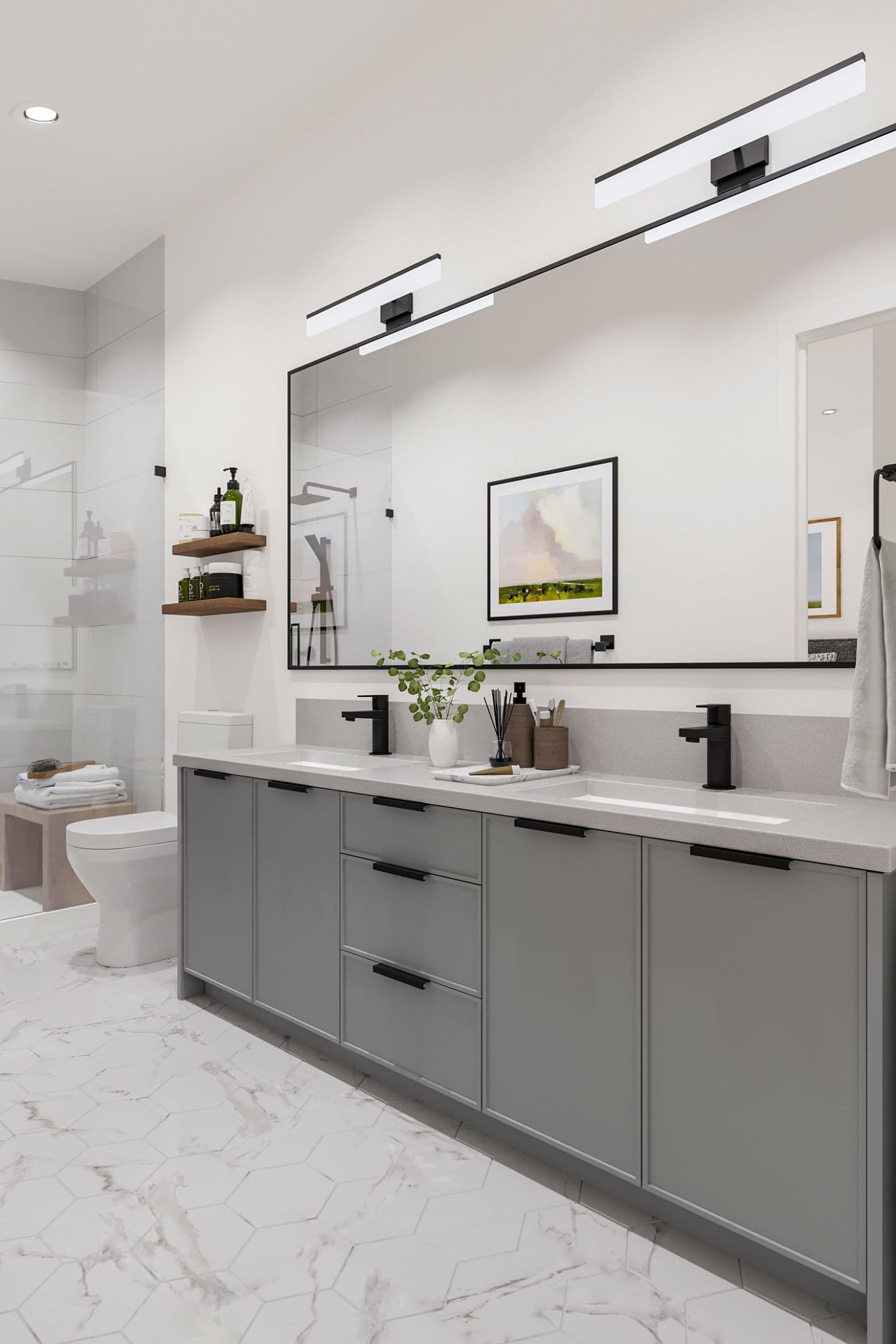 Elwynn Green – Bathroom rendering, an alternate finish with a grey double vanity, matching mirror and lighting, and the same framed landscape print.