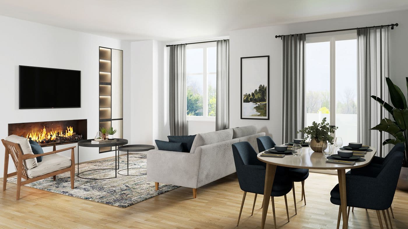 Elwynn Green – Living and dining area rendering with a grey sofa, wood armchair, linear fireplace under a TV, and a round dining table set for four.