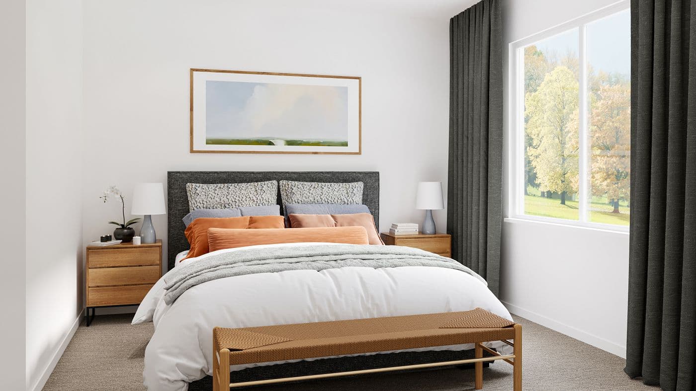 Elwynn Green – Bedroom rendering with a dark upholstered bed, orange and grey pillows, wood nightstands, and a large window looking out to trees.