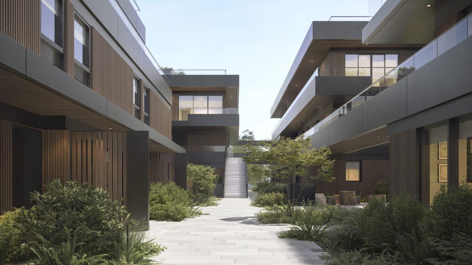 Wren – Rendering of a paved courtyard walkway between two residential buildings with wood-slat facades, greenery, tree stumps, and stairs leading up in the background.