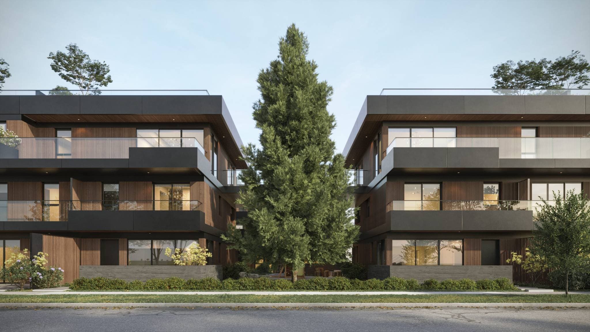 Wren – Rendering of two wood and dark-panel residential buildings facing each other across a landscaped courtyard with a large evergreen tree and children's play area.
