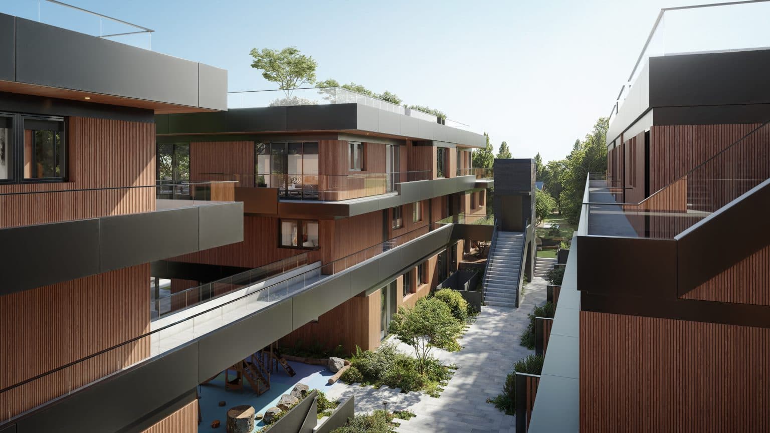 Wren – Rendering looking down a landscaped courtyard walkway between two wood-and-grey-panel residential buildings, with stairs and a children's play area below.