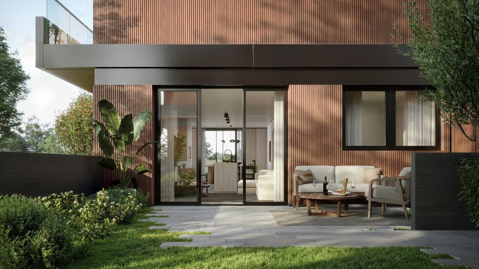 Wren – Rendering of a private ground-floor patio with lounge seating and a coffee table, wood-slat facade, and a sliding glass door open to the interior kitchen and living room.