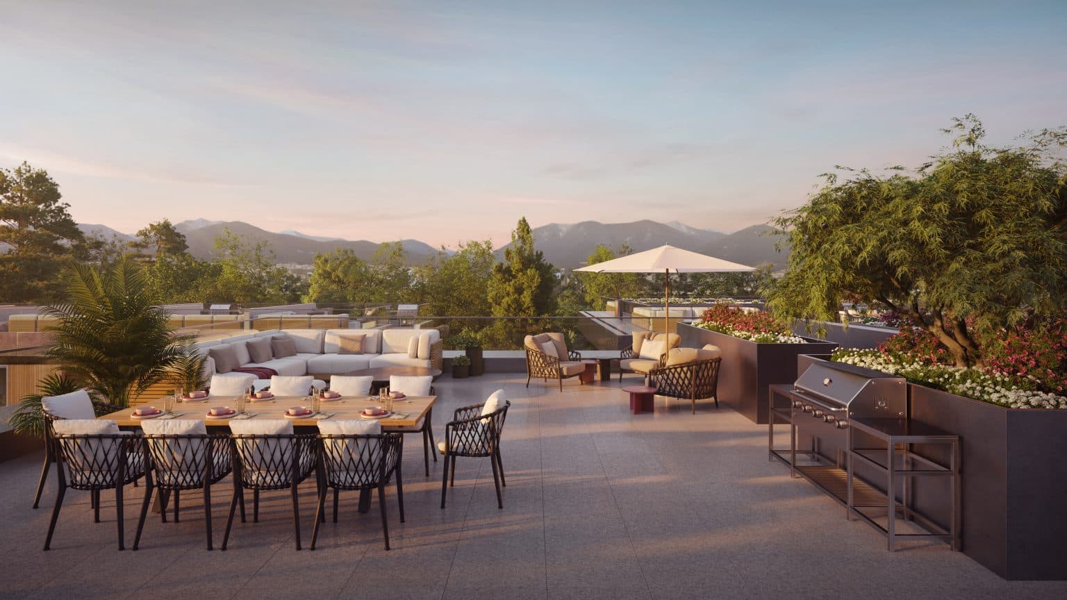 Wren – Rooftop terrace rendering with a long dining table, lounge seating, umbrella, and built-in BBQ station overlooking mountains at dusk.