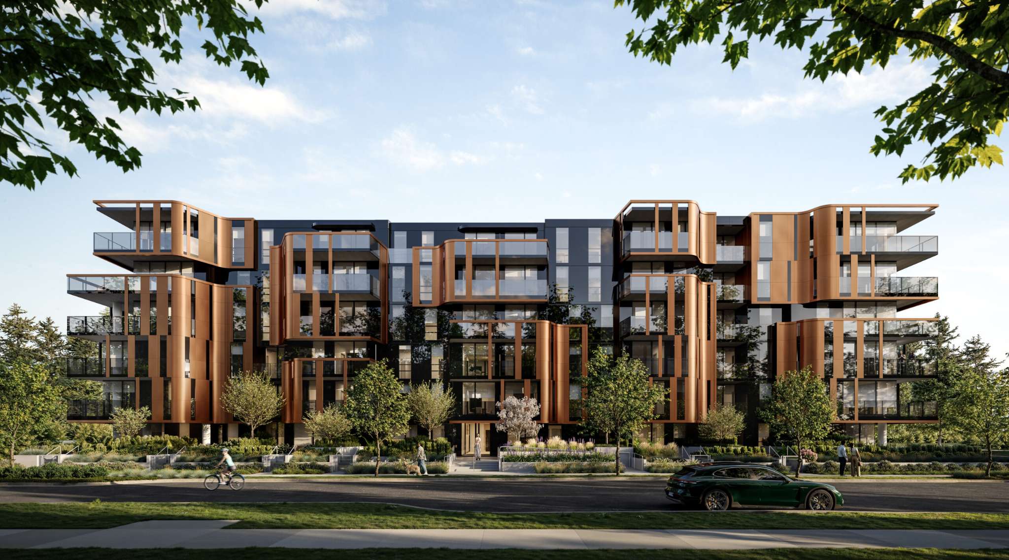 Little Mountain – Rendering of the building's street-level facade with copper-toned vertical fins, glass balconies, and landscaped entry, with a cyclist and parked car in the foreground.