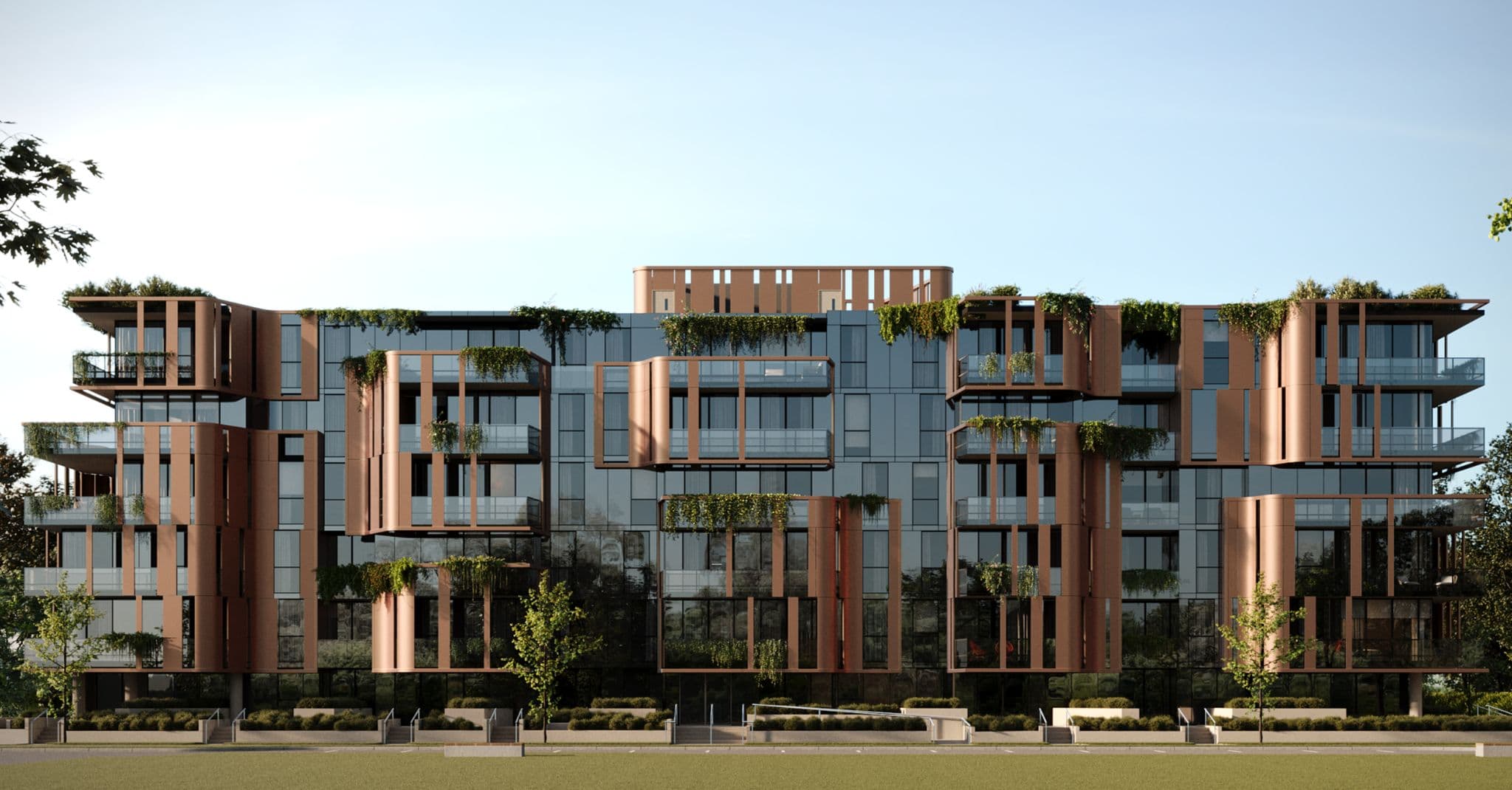 Little Mountain – Rendering of the building exterior with a copper and glass facade, staggered balconies, and hanging greenery cascading down the facade.