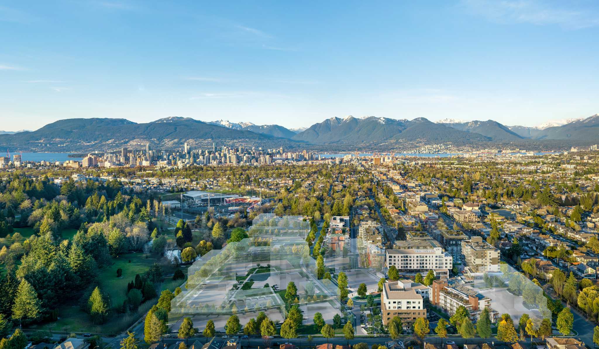 Little Mountain – Aerial rendering overlay showing the development's proposed footprint superimposed on a real drone photo of the neighborhood, with the downtown skyline and mountains in the background.