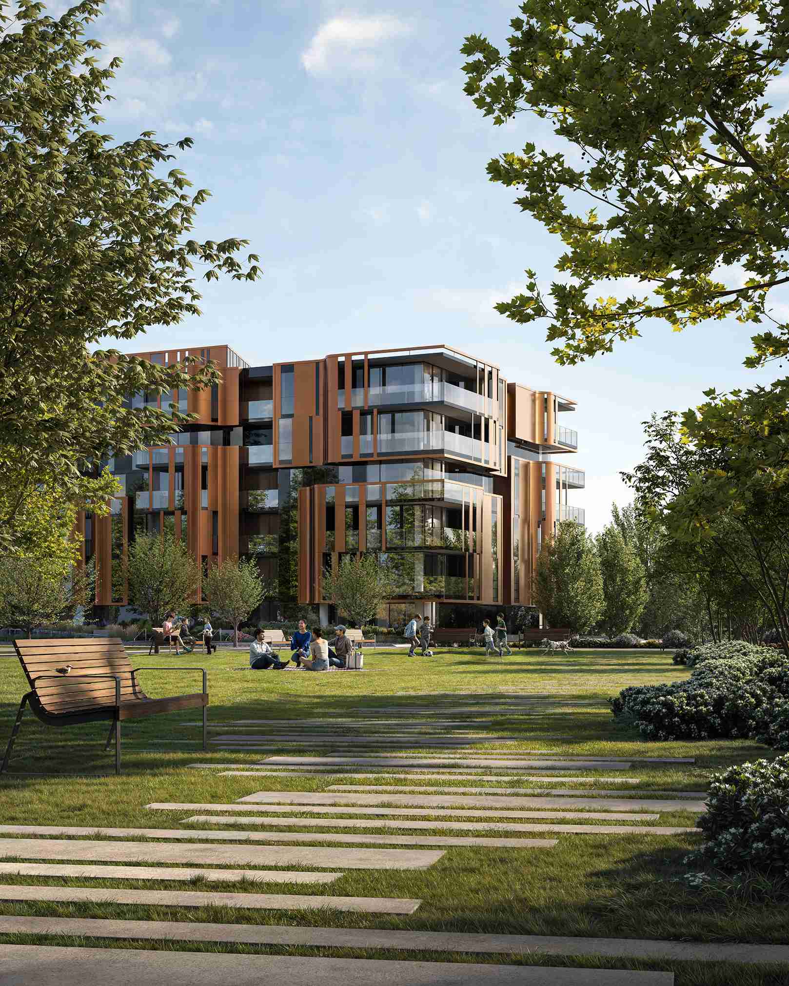 Little Mountain – Rendering of the building seen from a park lawn, with people relaxing on a picnic blanket, walking dogs, and playing in front of the copper-and-glass facade.