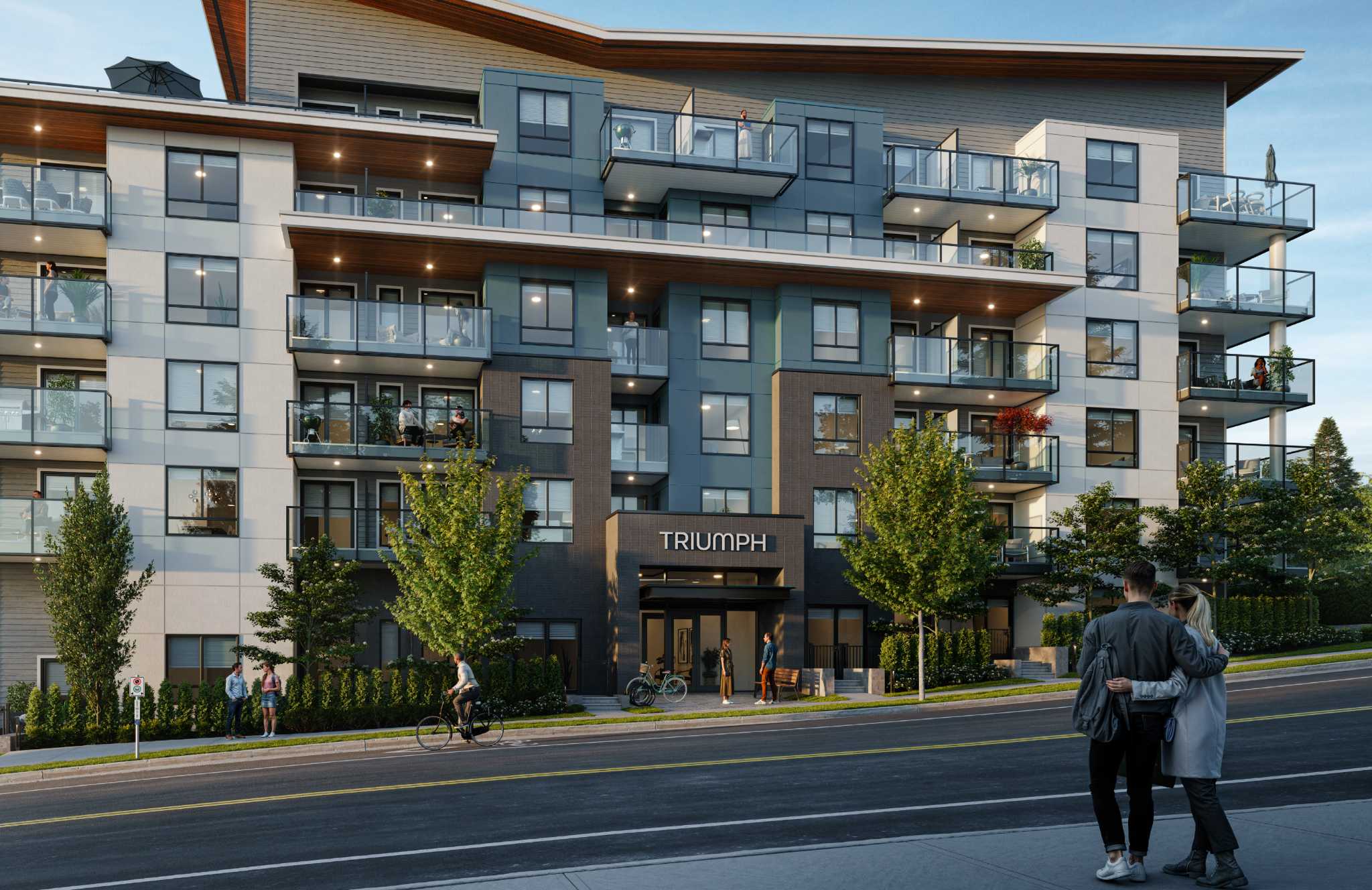 Triumph – Rendering of the TRIUMPH building entrance at dusk with stacked balconies, ground-floor signage, and pedestrians and a cyclist on the street.