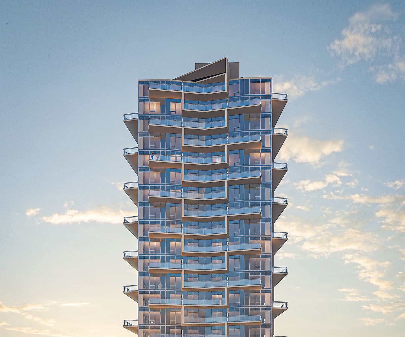 Elements – Close-up rendering of the upper floors of the glass residential tower against a sunset sky, showing balconies and lit units.