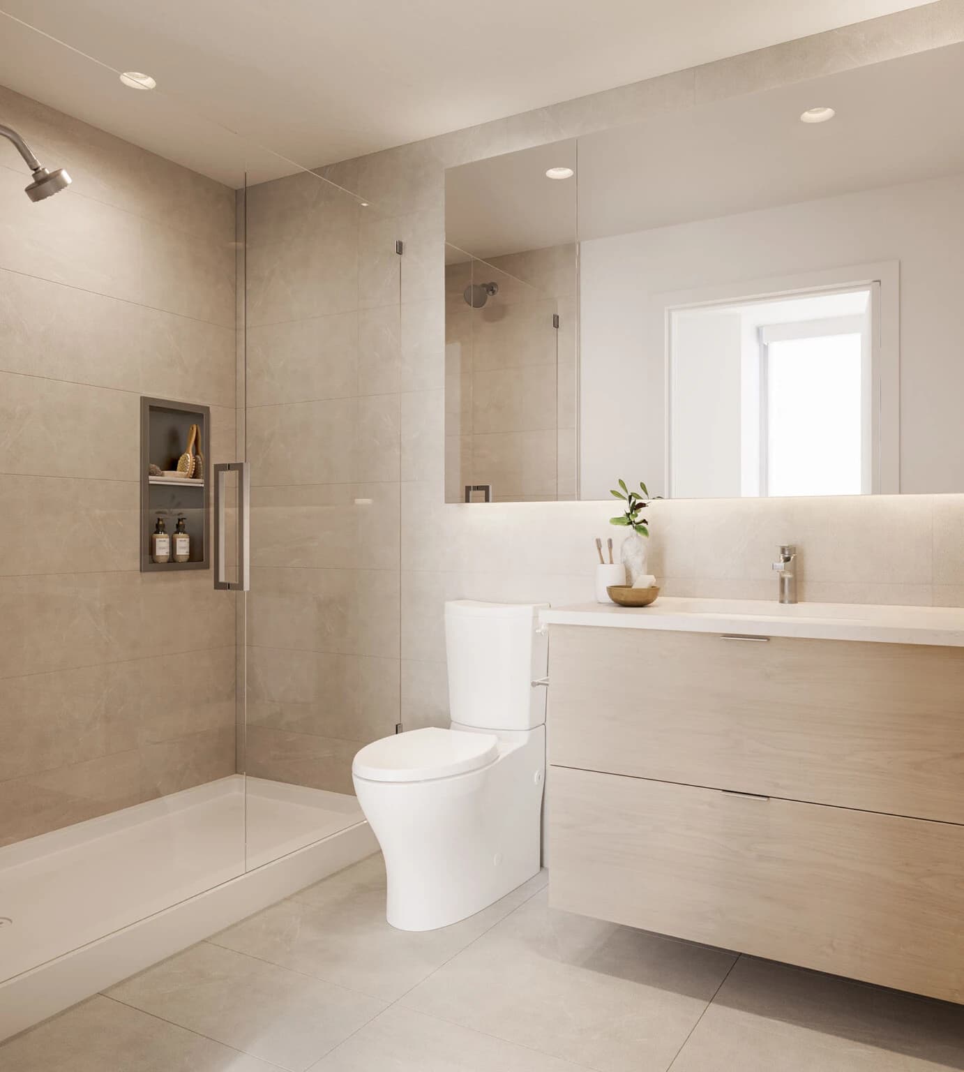Harlin – Rendering of a bathroom with a glass shower, freestanding toilet, floating wood vanity, and large mirror.