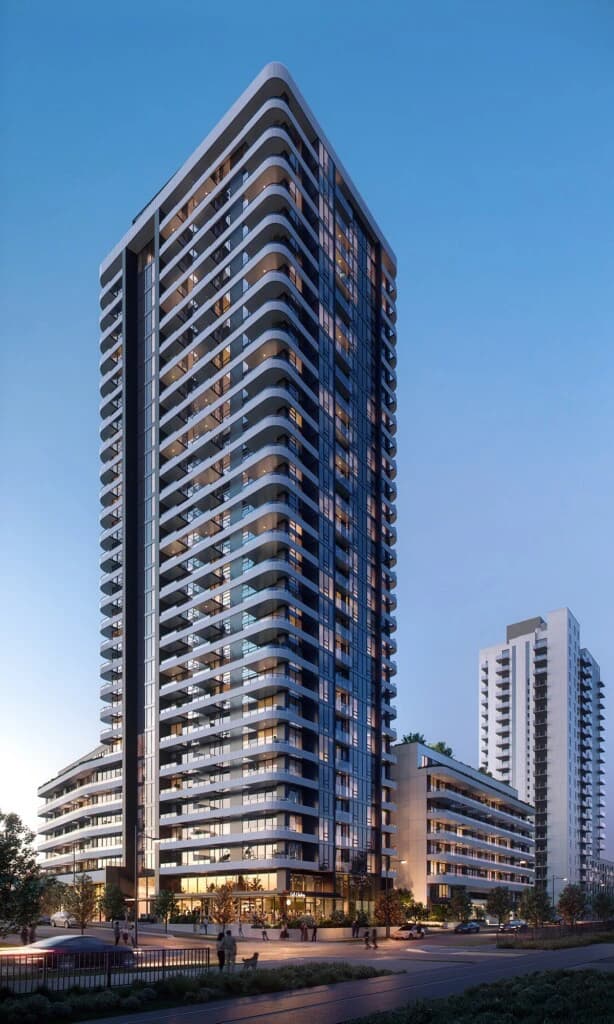 Harlin – Dusk rendering of a tall curved-balcony condo tower with a lit ground-floor lobby and neighboring towers nearby.
