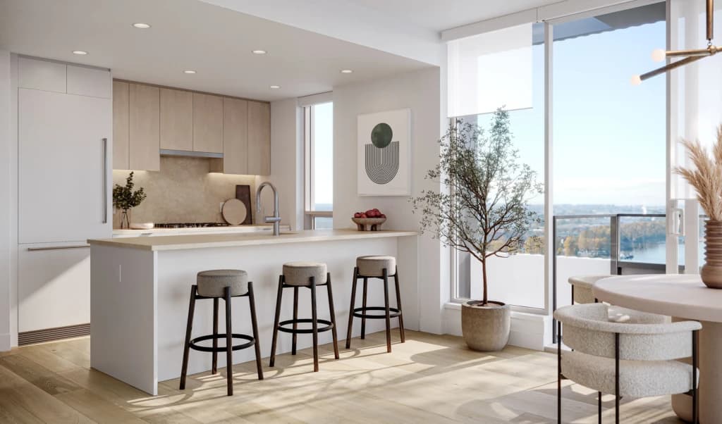 Harlin – Rendering of an open kitchen with wood cabinets, island seating, and a dining area with a floor-to-ceiling window overlooking water.