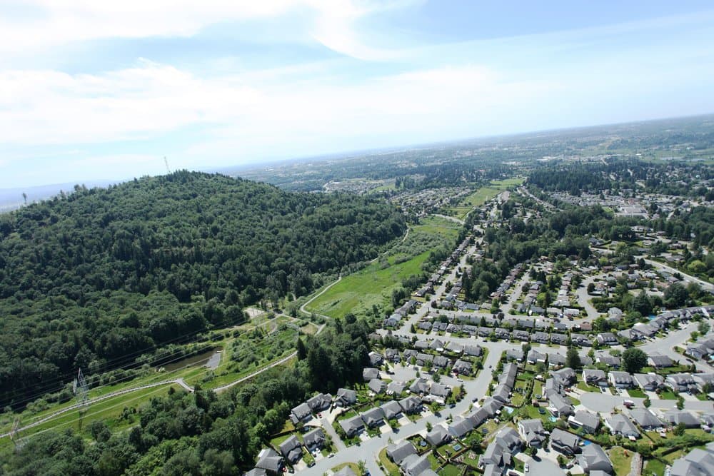 Vicarro – Aerial drone view over a suburban residential subdivision next to a forested hillside.