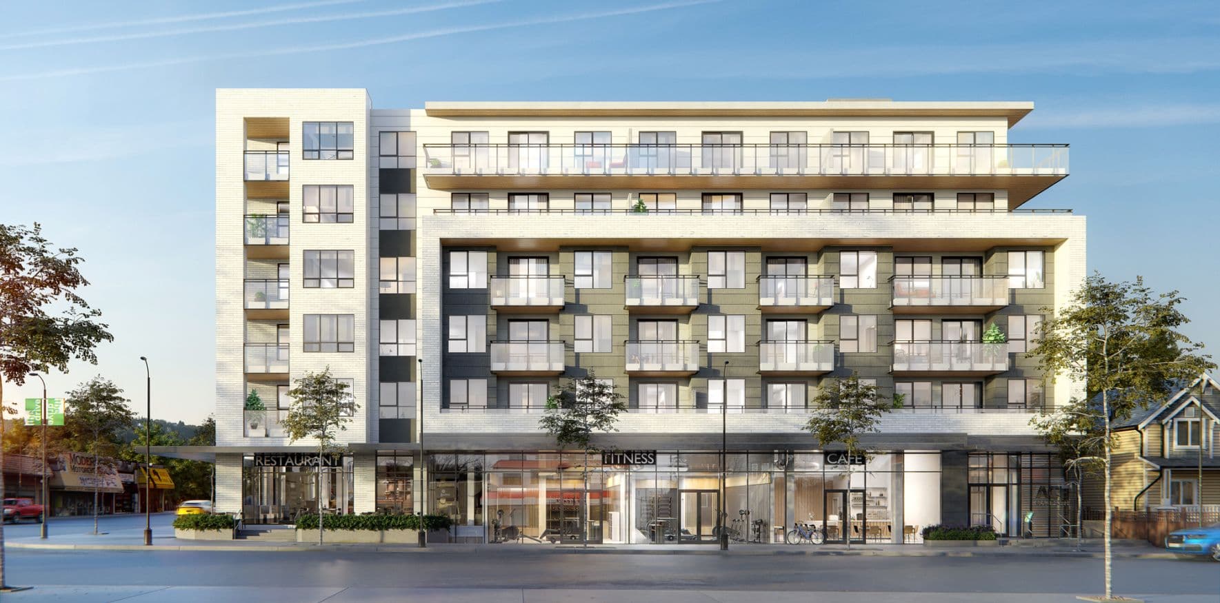 Ace on the Drive – Daytime rendering of a mid-rise mixed-use building on a street corner with ground-floor restaurant, fitness studio, and cafe storefronts.