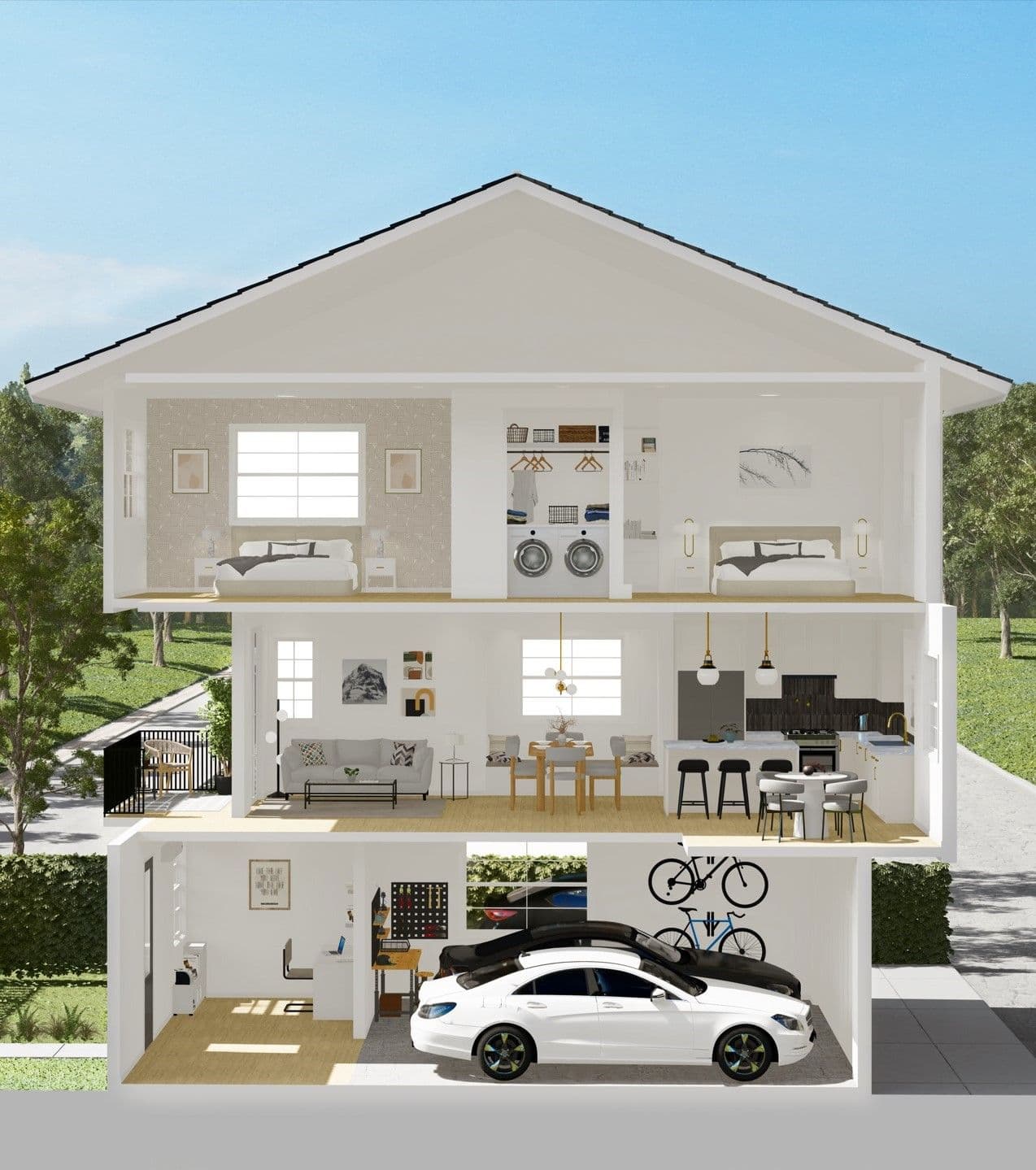 Fiore – A 3D architectural cross-section dollhouse view of a three-story modern home, displaying the interior layout set against a sunny suburban background with green trees. The bottom level features a home office space and a garage with cars and bicycles, the middle level shows a living room, dining area, and kitchen, while the top floor reveals two bedrooms and a laundry closet.