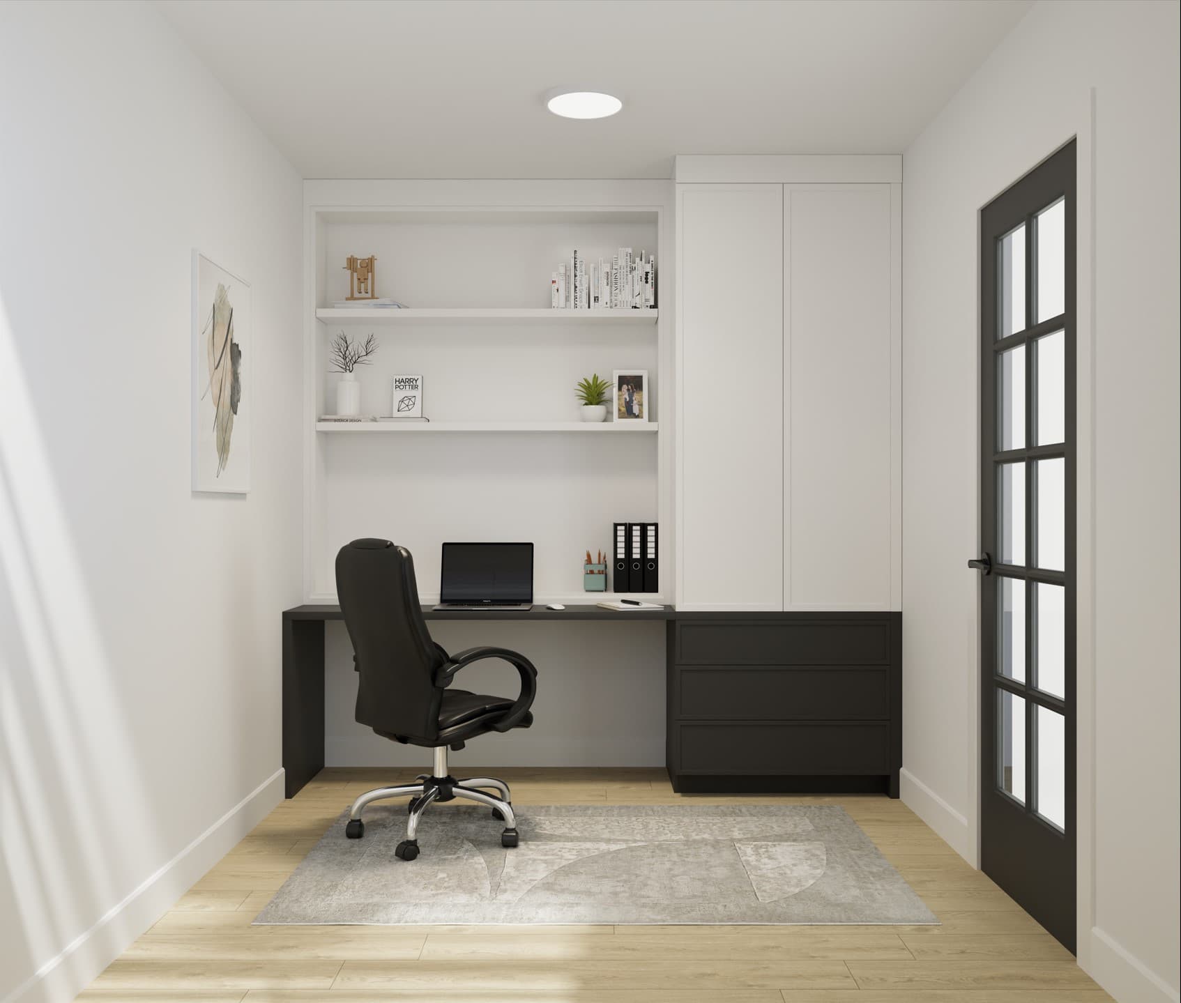 Fiore – A modern home office alcove features built-in white shelving, integrated tall cabinets, and a charcoal desk equipped with a laptop and office chair. Light wood flooring, an area rug, and a dark-framed French door create a clean, minimalist aesthetic.
