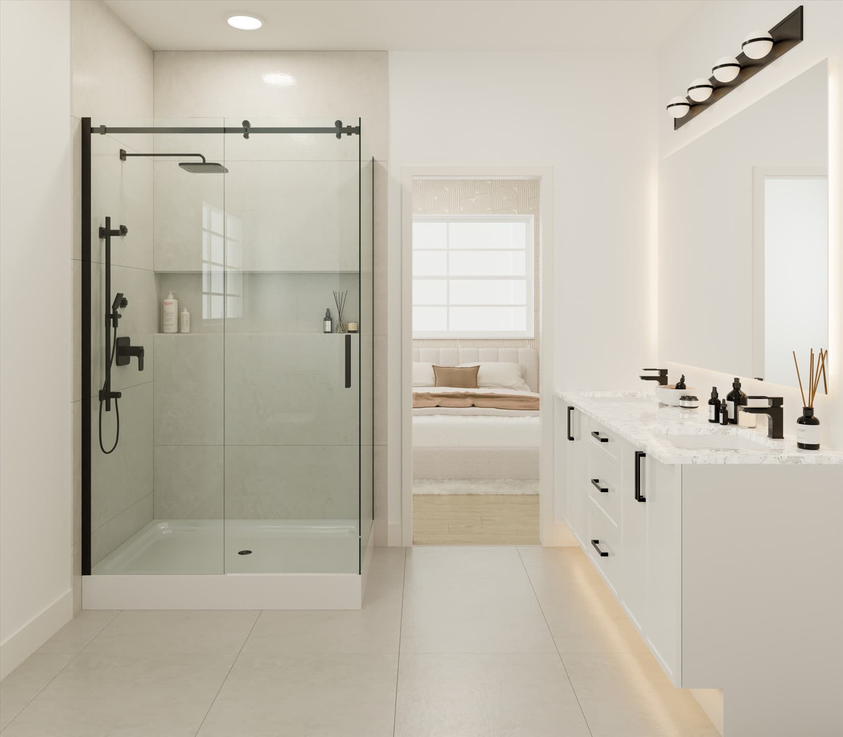 Fiore – A modern ensuite bathroom featuring a walk-in glass shower with matte black fixtures and a floating white vanity with marble countertops. An open doorway in the center offers a view straight into a bright, contemporary bedroom with a neutral-toned bed and patterned accent wall.
