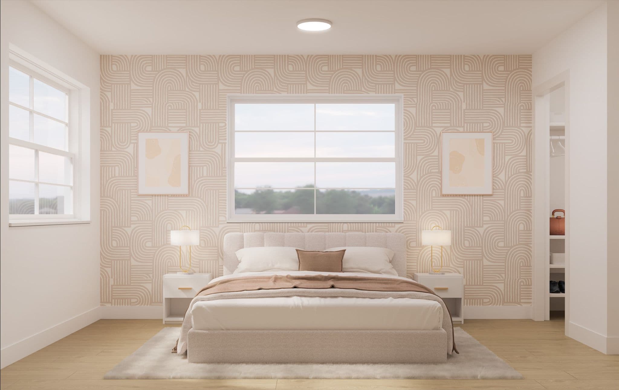 Fiore – A bright, modern bedroom featuring a upholstered queen bed flanked by matching white nightstands with gold-accented lamps against a beige patterned wallpaper feature wall. Large windows bring soft daytime light into the space, highlighting light wood flooring and a view into a walk-in closet.
