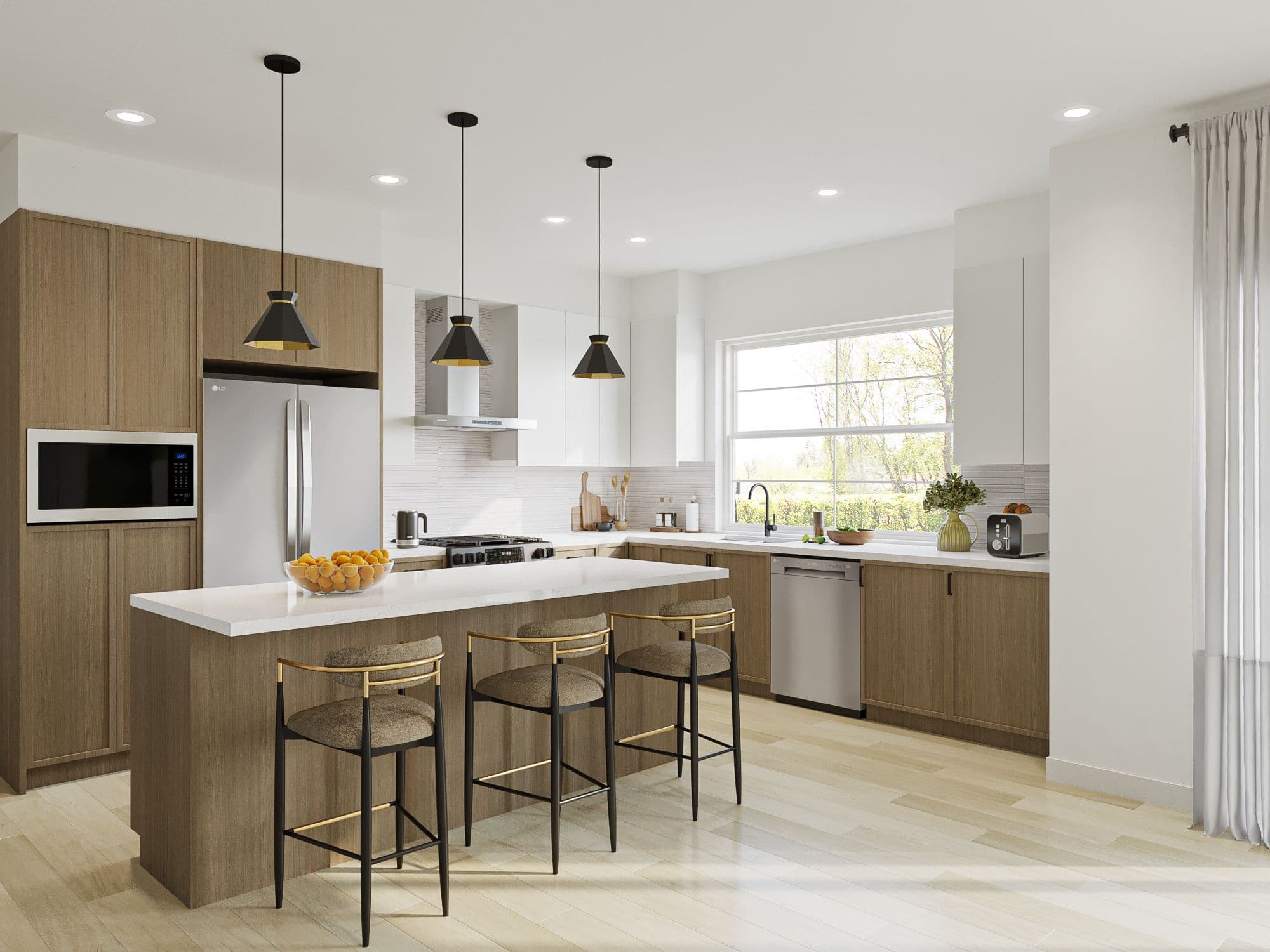 The Westminster – A bright, modern kitchen features natural wood and white cabinetry, white quartz countertops, and stainless steel appliances. A large kitchen island with three cushioned barstools sits beneath three black pendant lights, looking out toward a sunny window that frames green trees outside.
