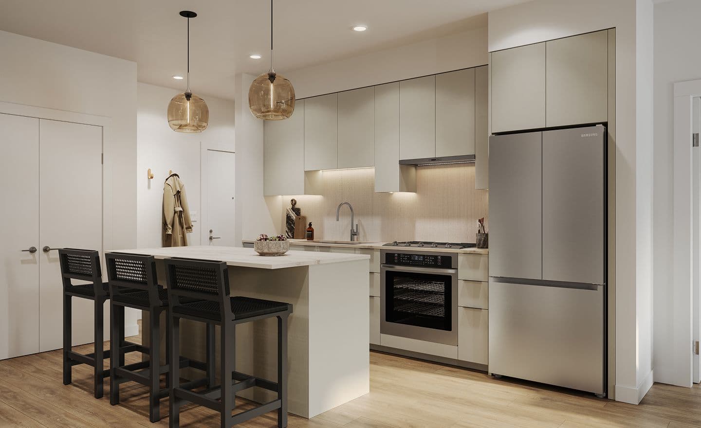 Atlin – Rendering of a kitchen with light cabinetry, a stainless refrigerator, amber pendant lights, and a center island with black bar stools.
