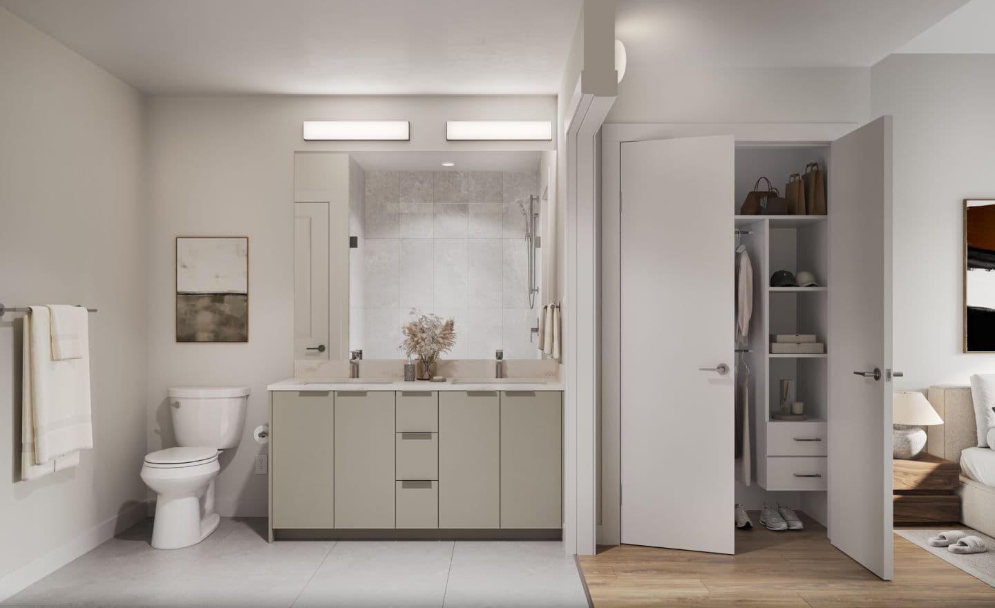 Atlin – Rendering of a bathroom with a double vanity, light green cabinetry, and an open door showing a walk-in closet with hanging clothes and shelving.