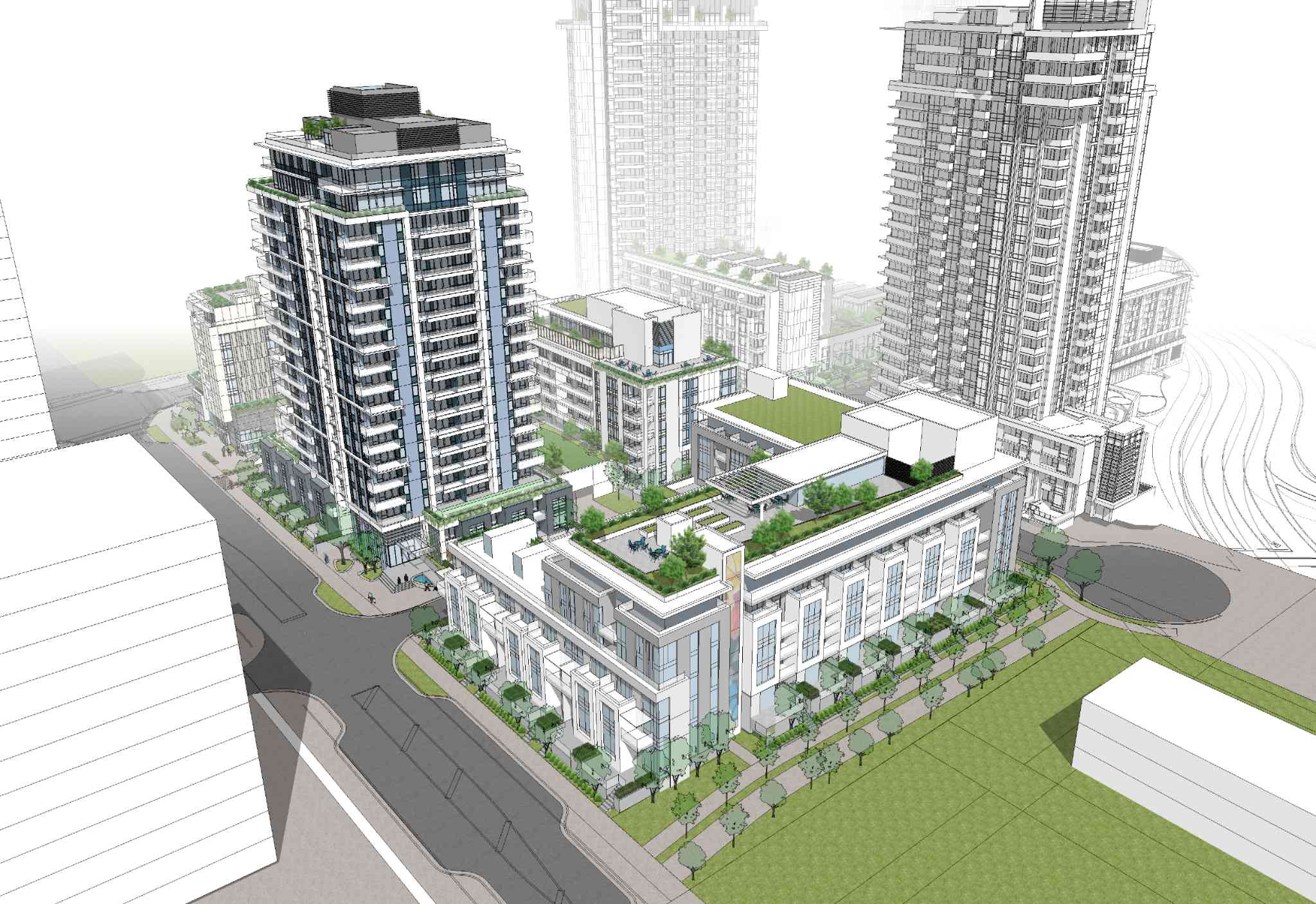 Seylynn Gardens – Elevated 3D massing rendering of the full development site, showing a tall glass tower, mid-rise buildings with rooftop gardens, and townhomes among other high-rises.