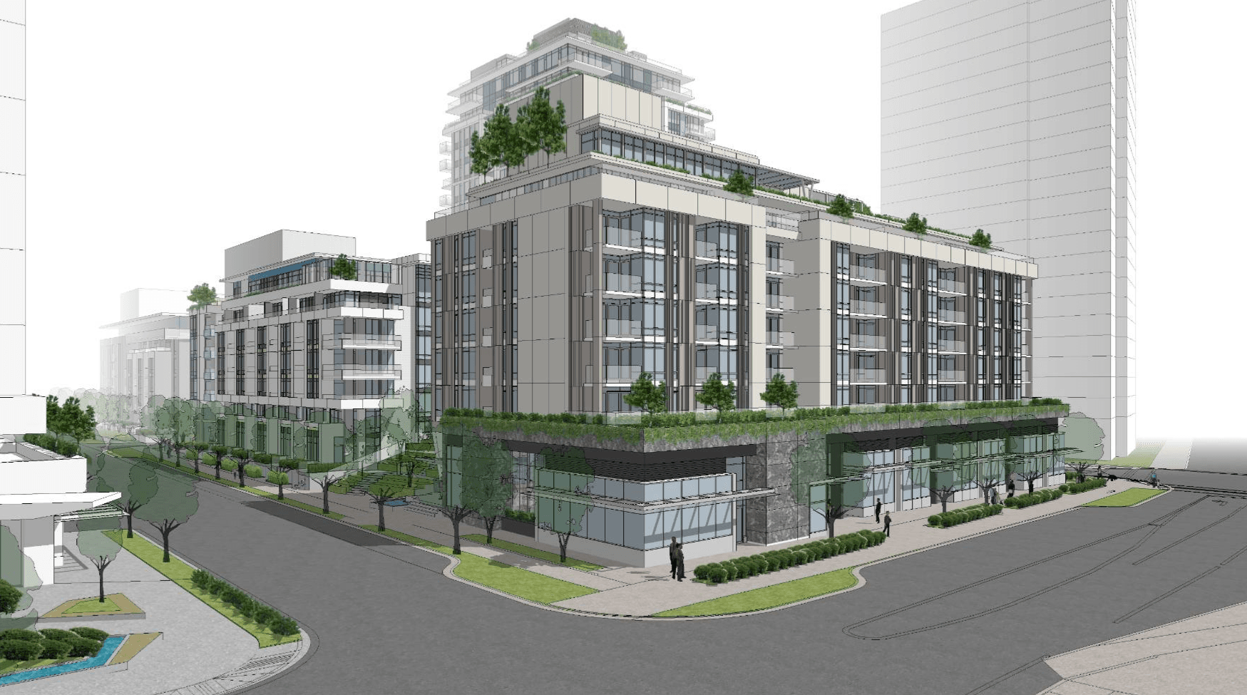 Seylynn Gardens – 3D architectural rendering of a mid-rise building at a street corner with ground-floor retail, tiered rooftop terraces with greenery, and pedestrians on the sidewalk.