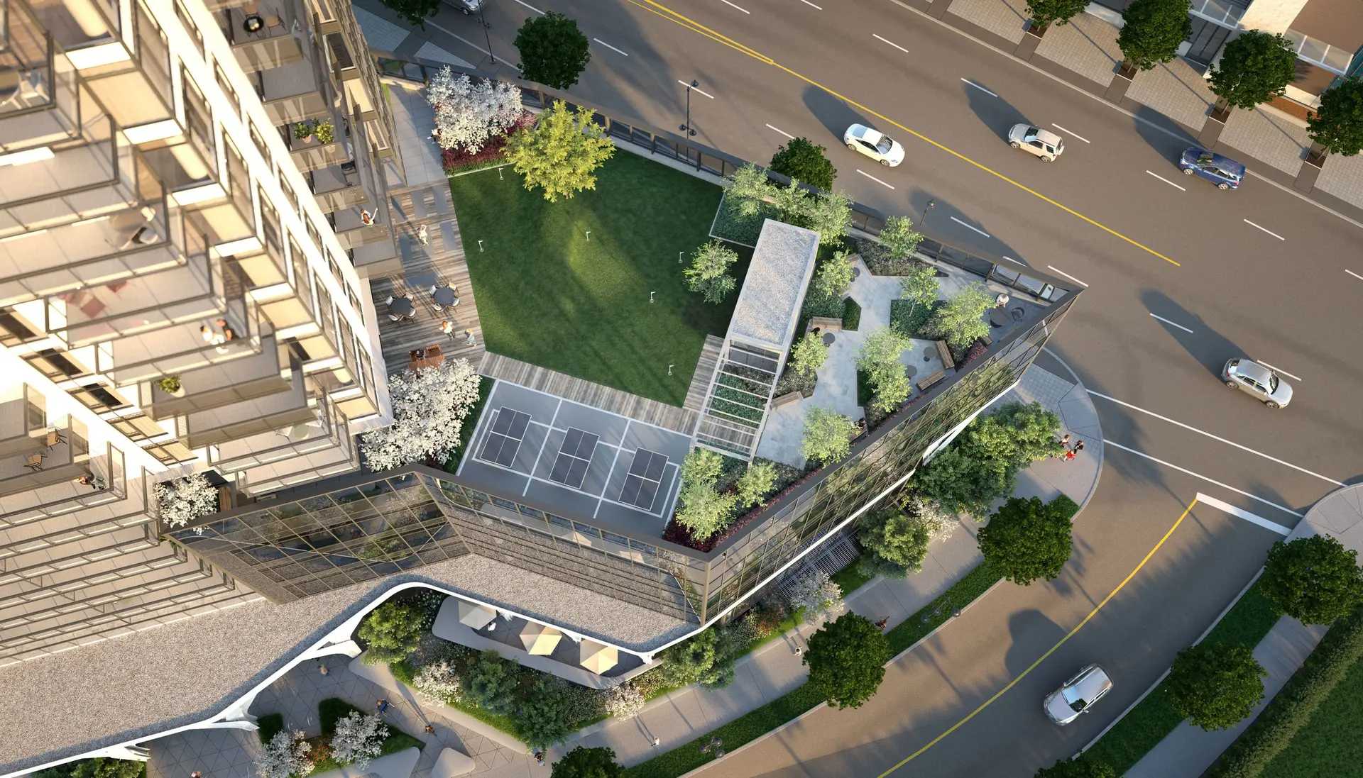 Elmwood – An elevated view of a landscaped podium rooftop amenity terrace featuring an open green lawn, shaded seating areas, tree plantings, and a solar panel section. The residential glass tower rises on the left, overlooking surrounding sunlit city streets and sidewalks below.