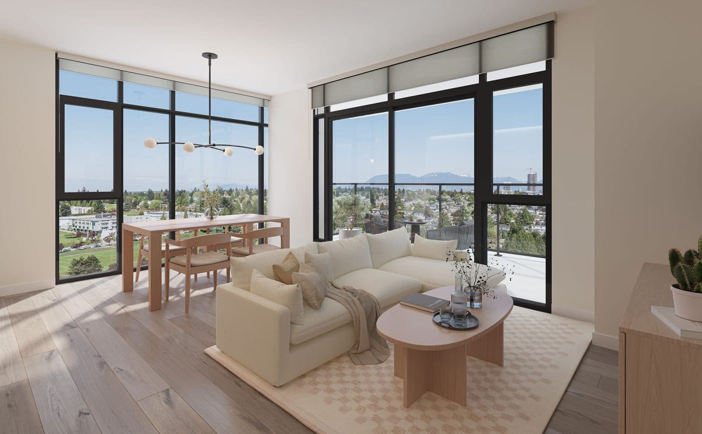 West 57th at Cambie Gardens – Rendering of a living and dining room with floor-to-ceiling windows overlooking a city and mountain view, furnished with a cream sectional sofa and wood dining table.