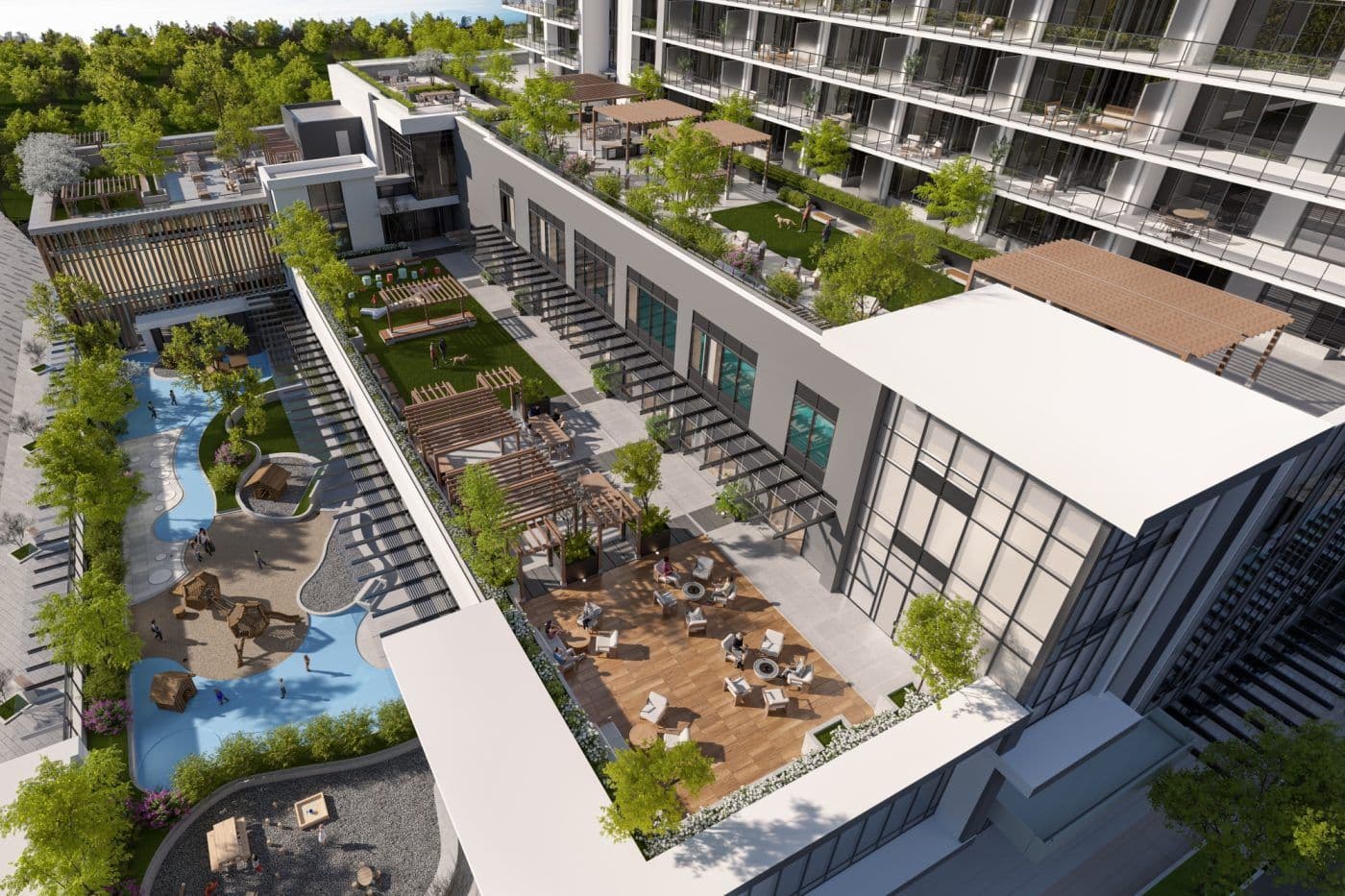 West 57th at Cambie Gardens – Overhead rendering of a rooftop amenity courtyard between two towers, showing pools, a splash pad, wood pergolas, and lounge seating areas.