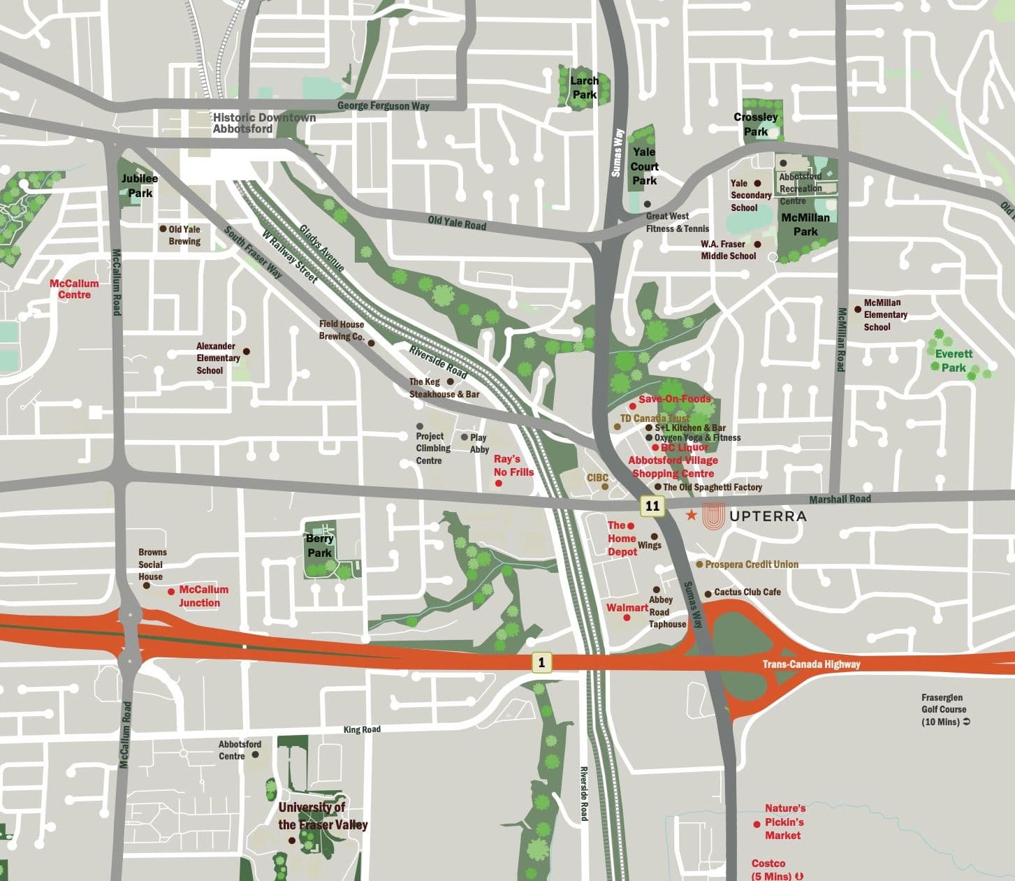 Upterra – An illustrated area location map detailing surrounding streets, highways, parks, and local points of interest. Prominent landmarks such as schools, shopping centers, and parks are marked with red dots and labeled against a grey and green street layout.