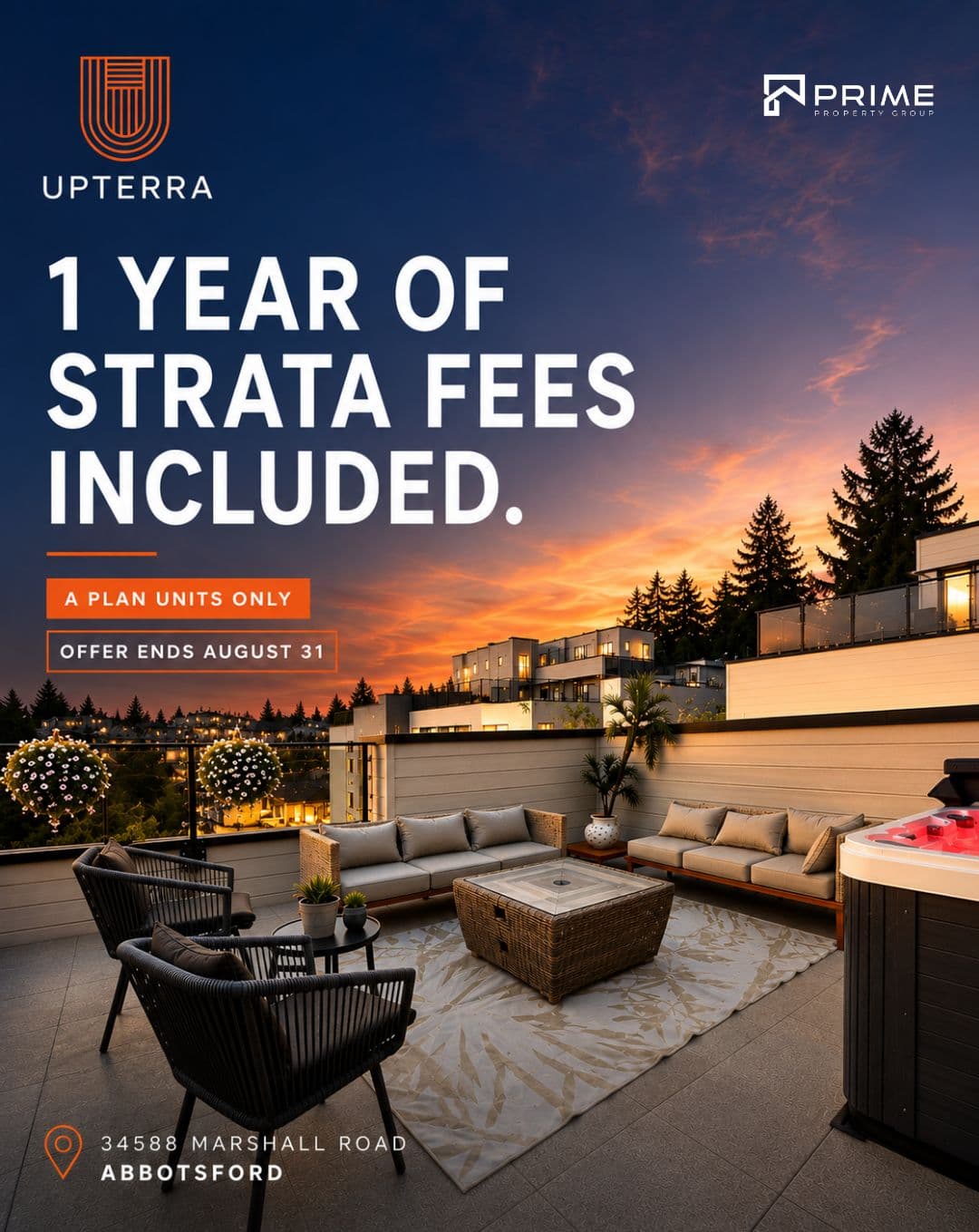 Upterra – A modern rooftop terrace features outdoor sofas, armchairs, a central coffee table, and an illuminated hot tub under a vibrant orange sunset sky. Promotional text and logos overlay the upper portion of the image above the residential building skyline.