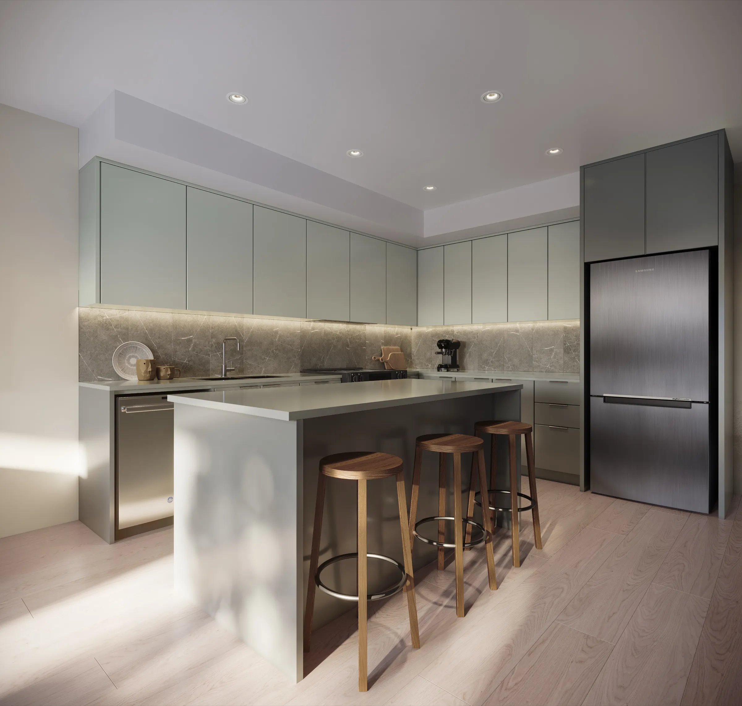 Muse – A modern minimalist kitchen featuring light sage green cabinetry, a grey stone backsplash with under-cabinet lighting, and light hardwood floors. A central kitchen island with three wooden barstools anchors the space alongside dark stainless steel appliances.
