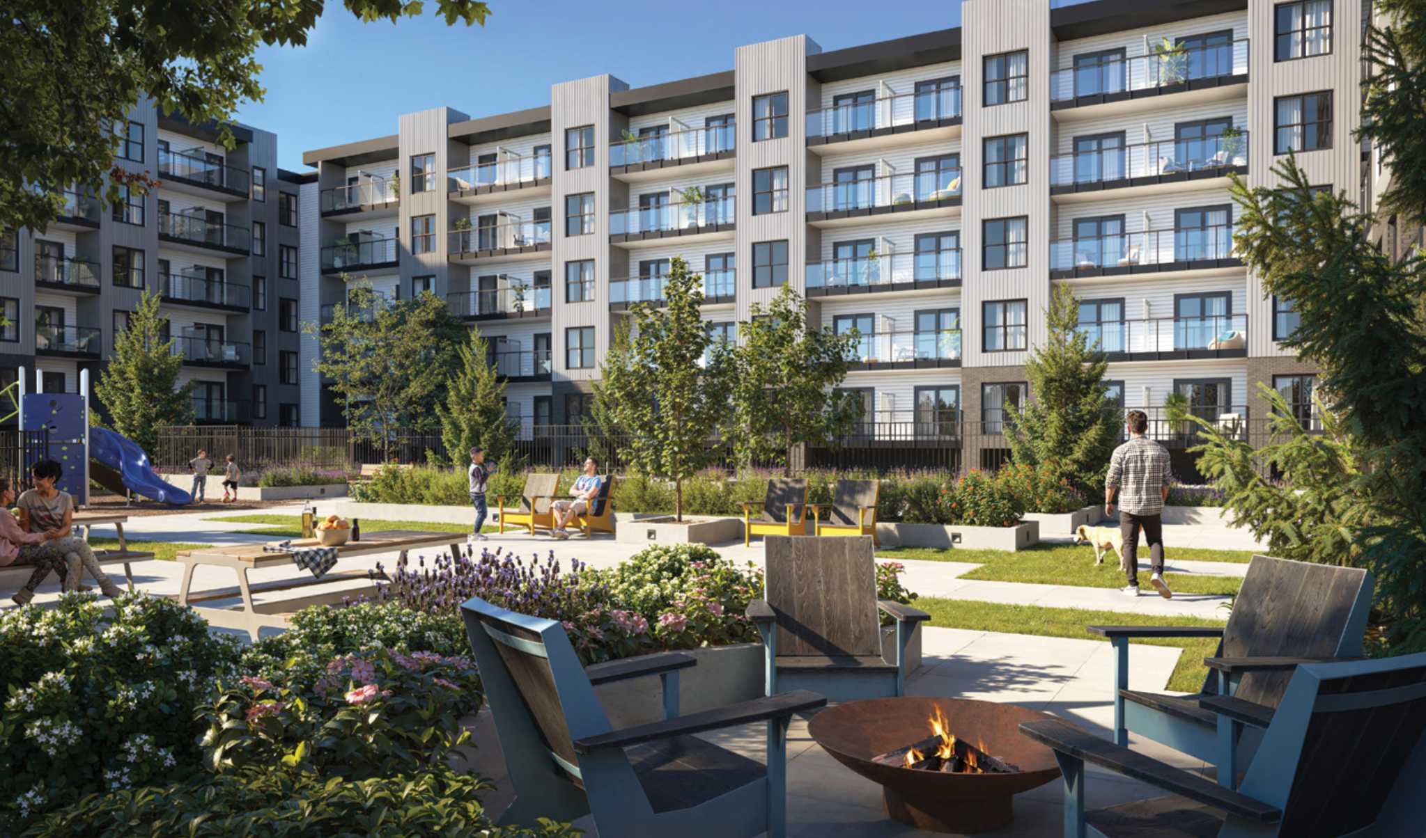 Matteō – Landscaped interior courtyard with a children's playground, picnic tables, adirondack chairs, and a fire pit, surrounded by the building's balconies.