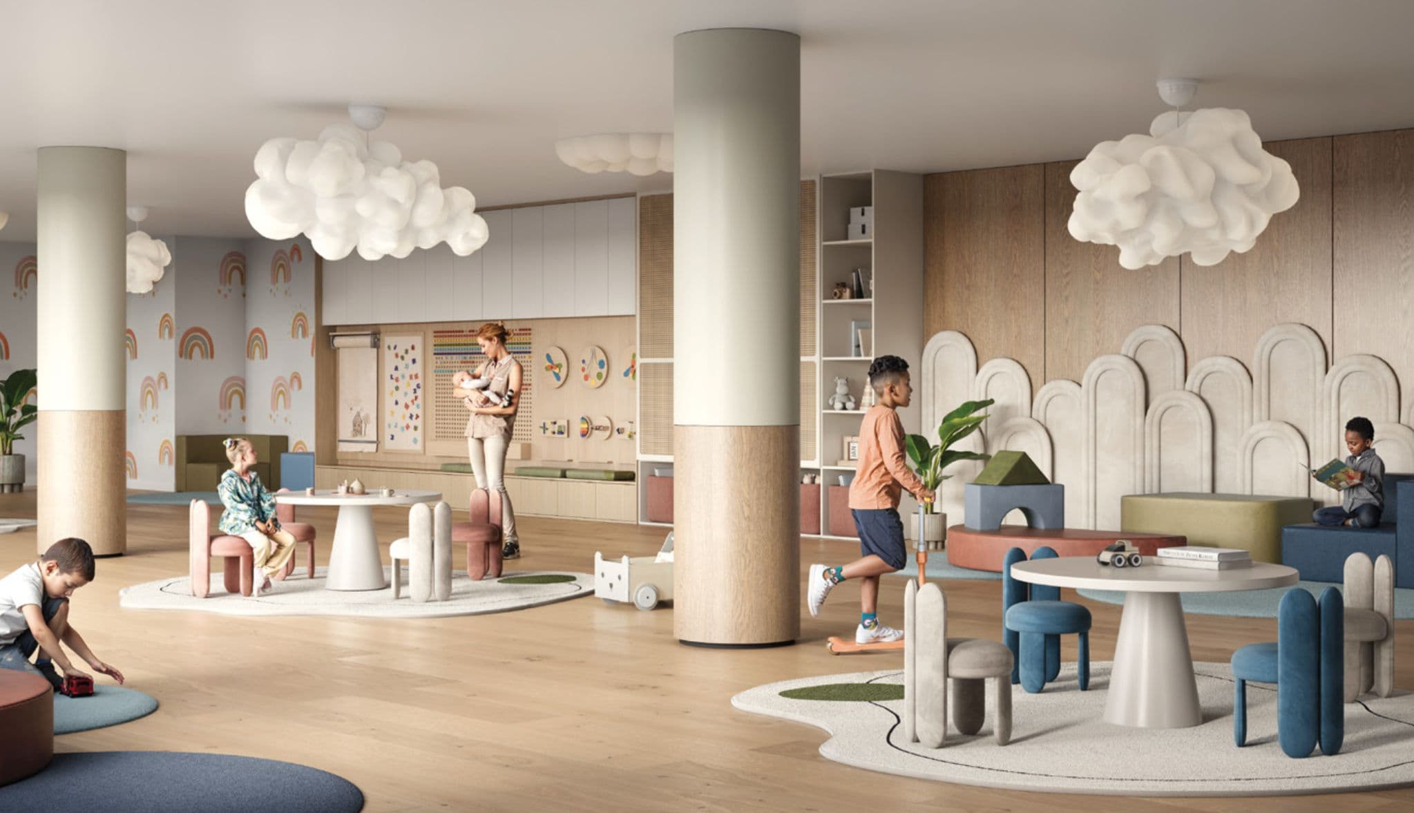 Matteō – Children's play lounge with cloud-shaped pendant lights, rainbow wallpaper, soft arched wall panels, and kids playing at small tables.