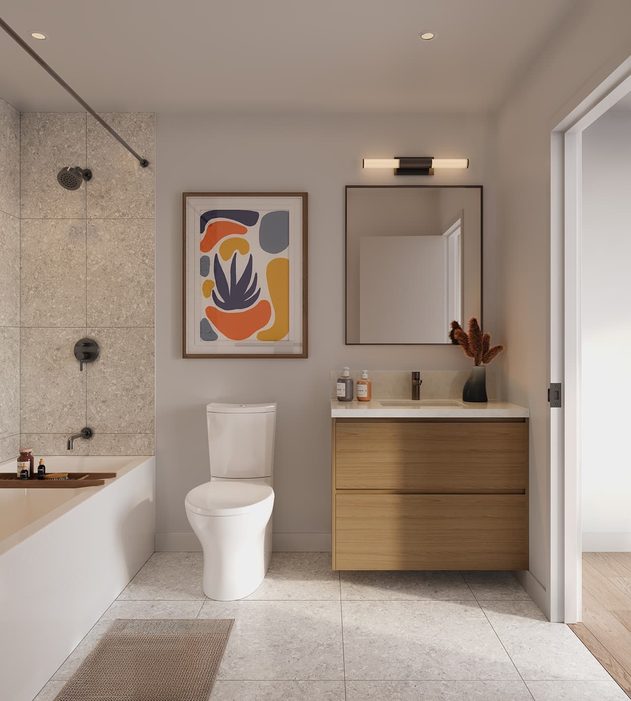 Matteō – Bathroom with a stone-tiled tub/shower, a colorful abstract print, and a wood vanity with a white countertop.