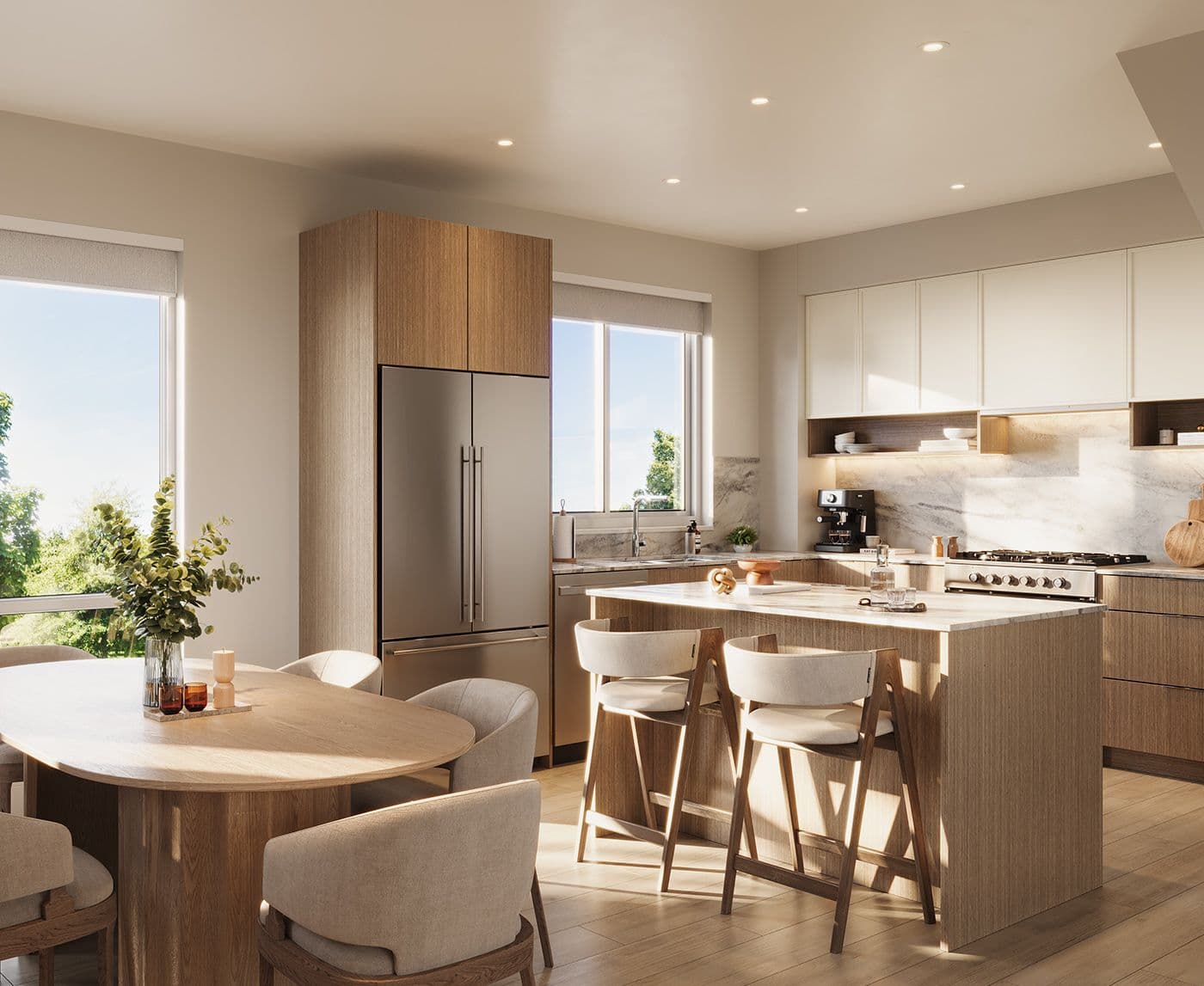 Infinity Garden – A bright, open-concept kitchen and dining area features light wood cabinetry, white upper cabinets, marble countertops, and stainless steel appliances including a French-door refrigerator and gas range. Soft daytime sunlight streams through large windows onto an oval wooden dining table surrounded by upholstered chairs and a central kitchen island with bar seating.