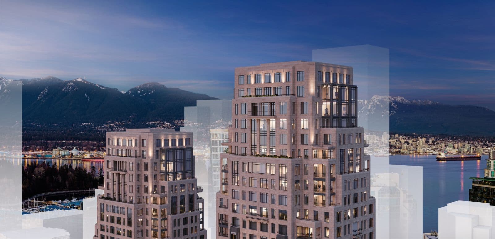 1400 Alberni Condos – An elevated twilight shot showcasing the upper floors of two stone-clad residential towers illuminated against a dramatic backdrop of mountains, water, and city lights. Warm interior lighting glows from the windows and balconies, while translucent white silhouettes indicate surrounding future development buildings.