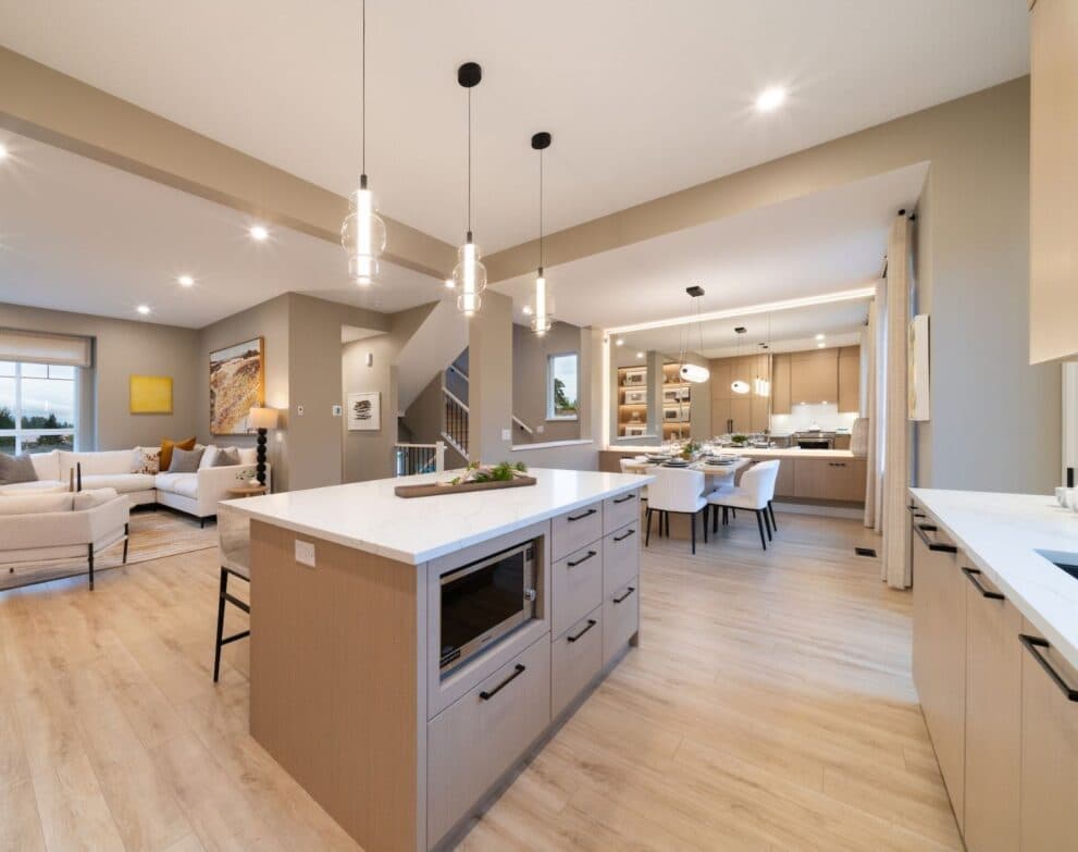 South Hill – Open-concept kitchen, dining and living area with a large island, pendant lights, a sectional sofa and staircase, viewed from the kitchen toward the dining table.