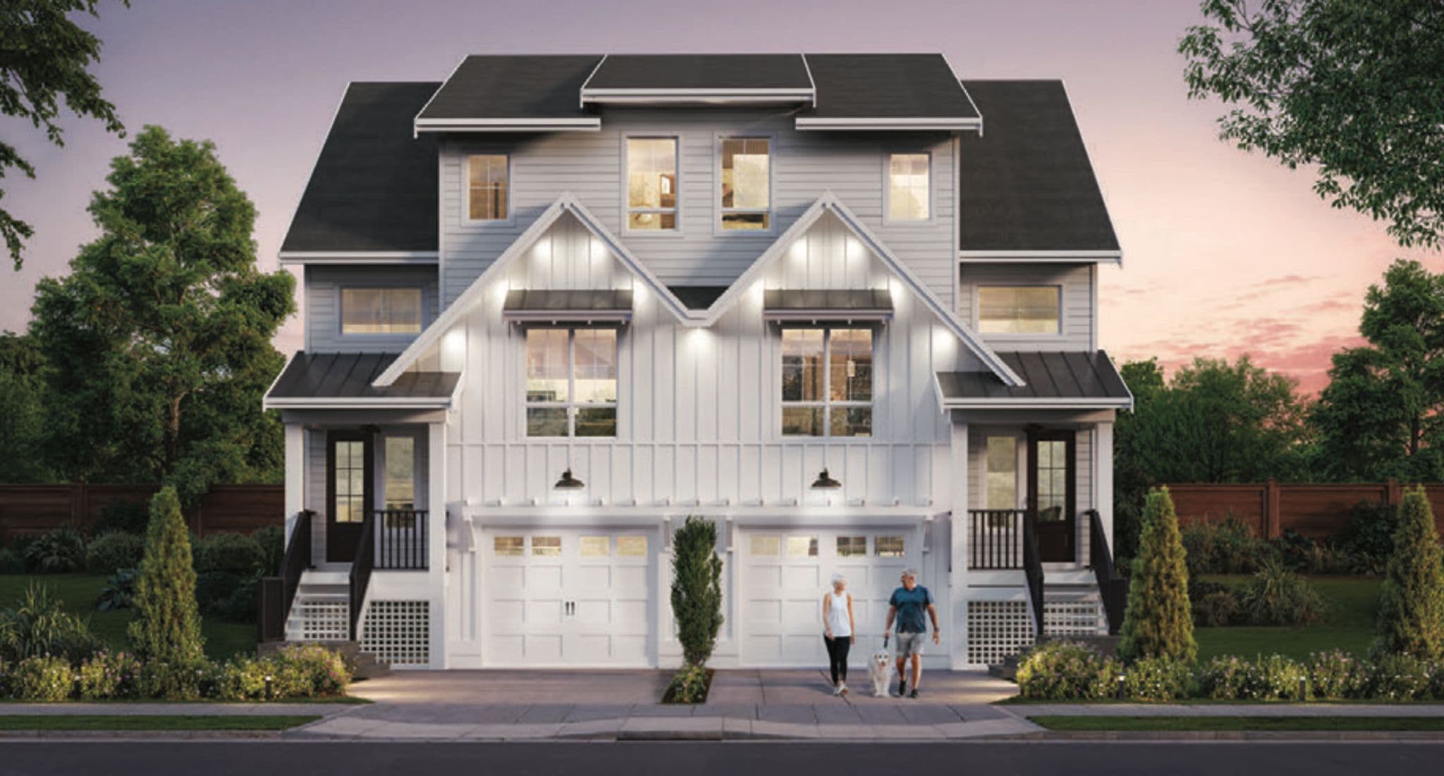 South Hill – Dusk street-view rendering of a white farmhouse-style duplex with steep gables, board-and-batten accents, twin porches and double garages, with a couple walking a dog out front.
