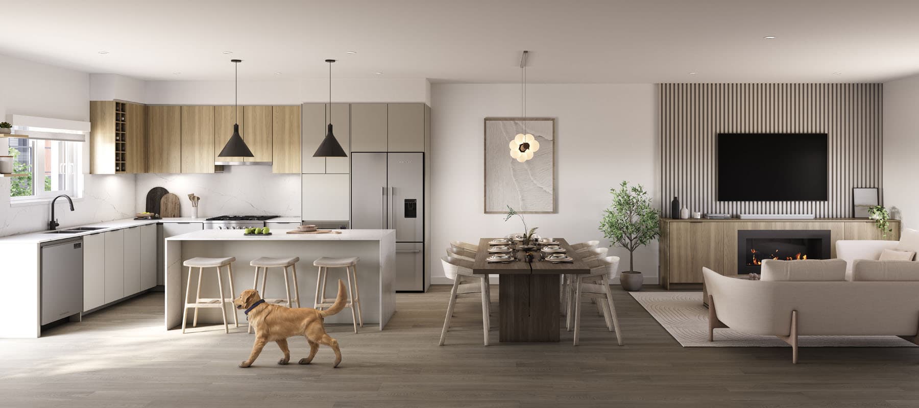 Culmena – Open-concept kitchen, dining, and living area with a dog walking through, a wood-slat fireplace feature wall, and a set dining table.