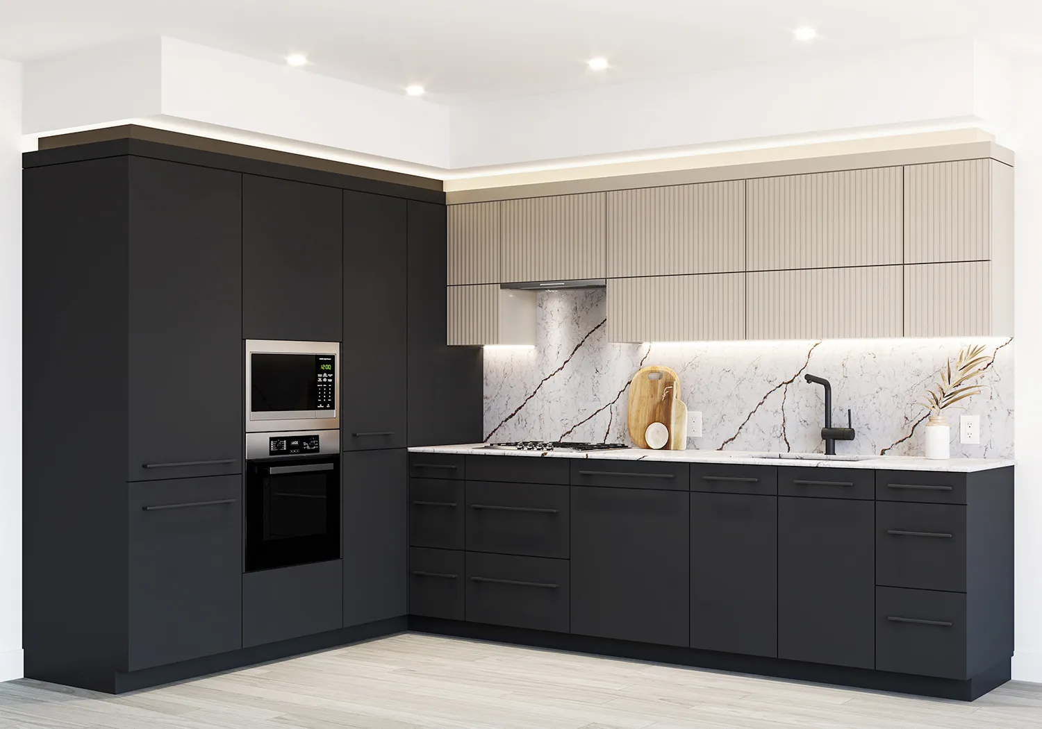 Greenhouse – A rendering of a dark charcoal kitchen with a white marble backsplash, black cabinetry, and a built-in wall oven and microwave.