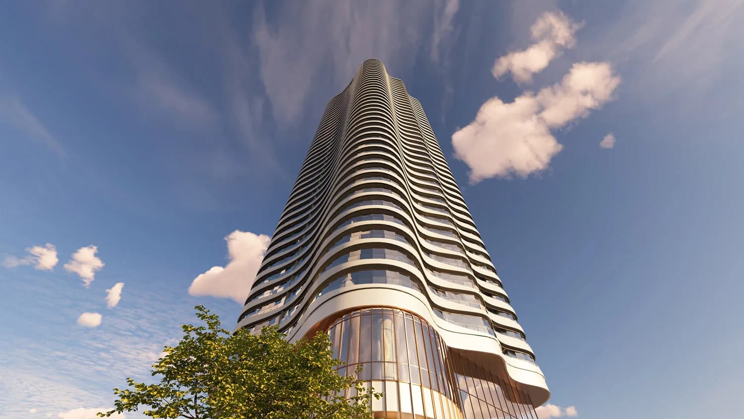 Greenhouse – A low-angle rendering looking straight up at the curving balconies of the residential tower against a blue sky with clouds.