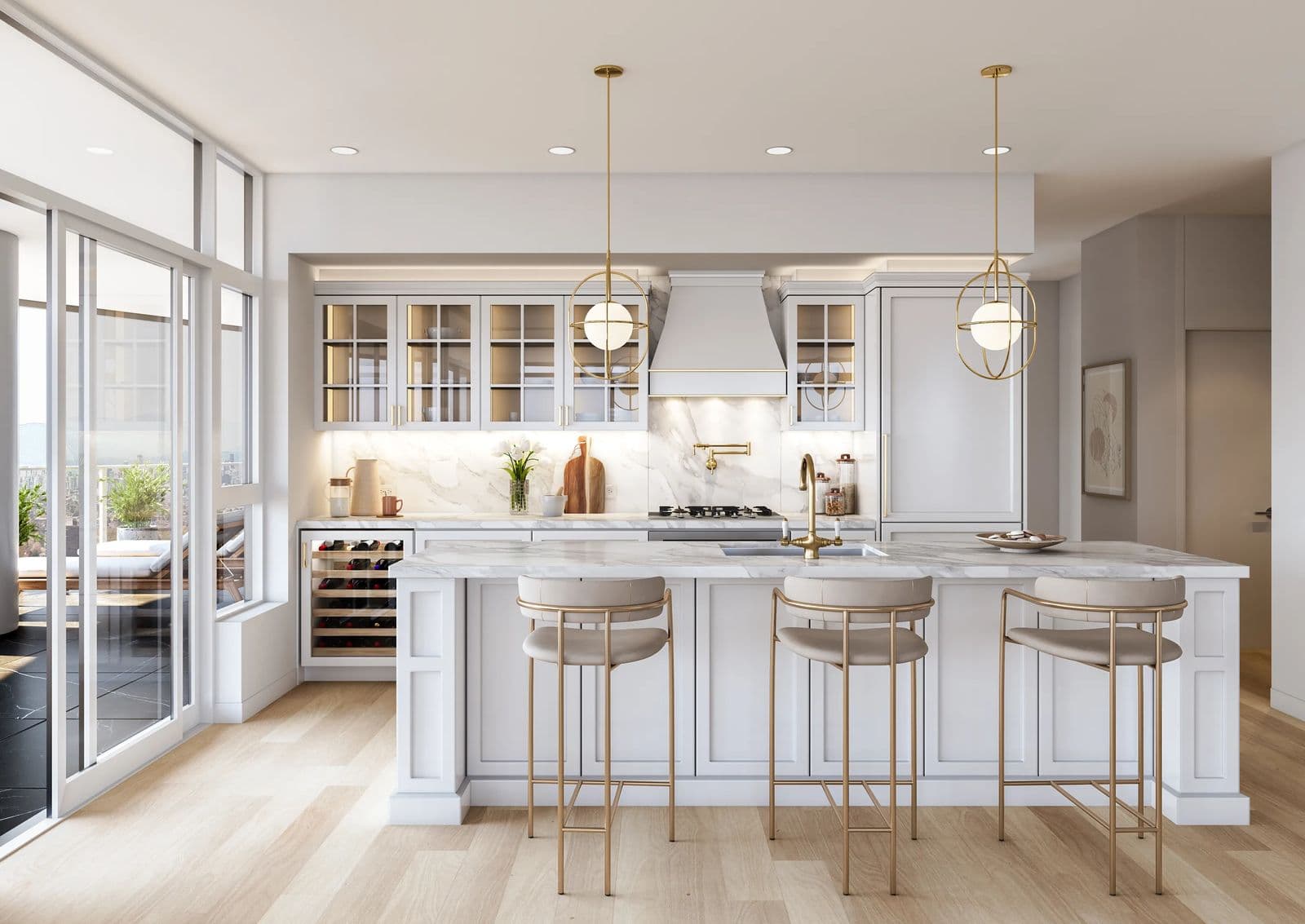 Greenhouse – A rendering of a light gray kitchen with a marble island, wine fridge, and floor-to-ceiling windows opening onto a furnished balcony.