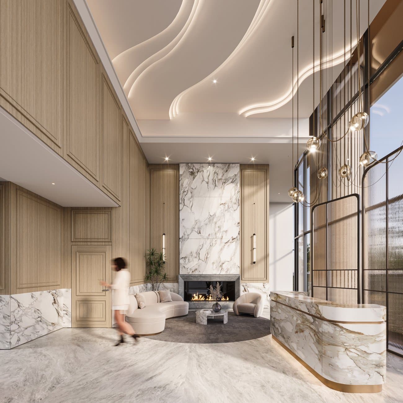 Greenhouse – A rendering of a hotel-style lobby lounge with a marble reception desk, fireplace seating area, and a wave-patterned ceiling with pendant lighting.