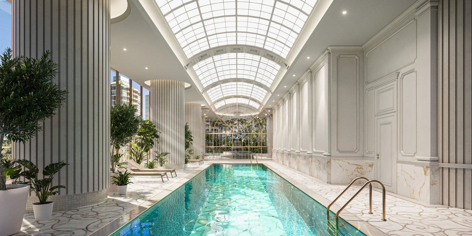Greenhouse – A rendering of a grand indoor lap pool with a barrel-vaulted glass ceiling, marble columns, potted plants, and gold pool rails.