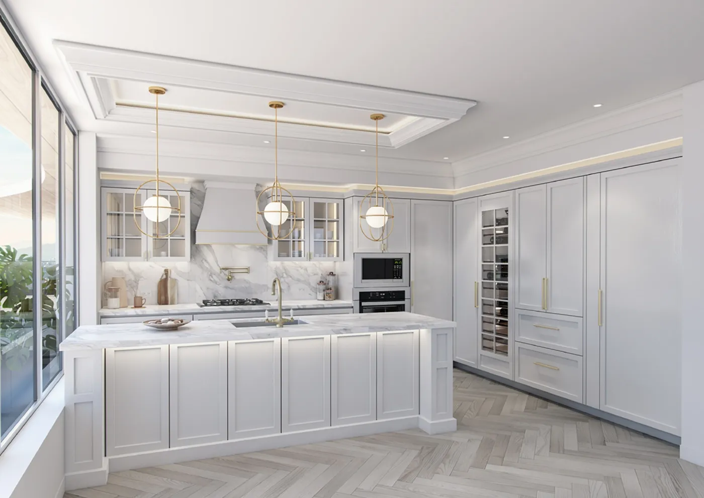 Greenhouse – A rendering of a white kitchen with a herringbone wood floor, glass-front upper cabinets, a large island, and a built-in wine fridge.