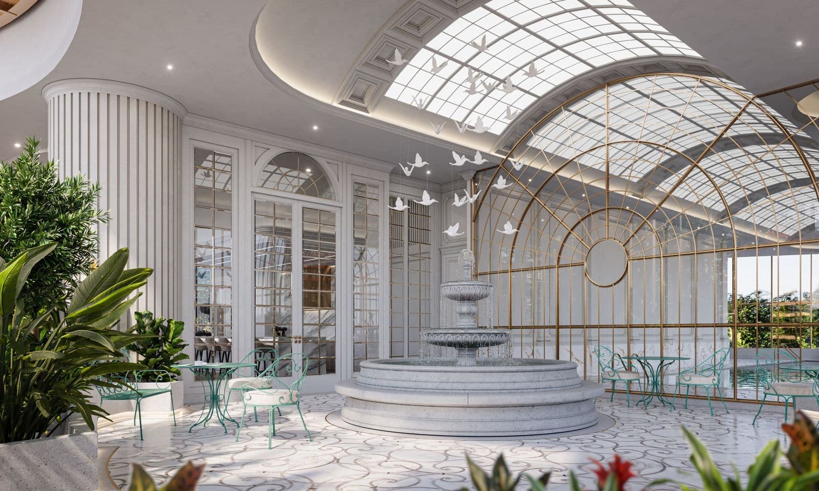 Greenhouse – A rendering of an ornate greenhouse atrium with a tiered stone fountain, hanging bird decorations, bistro tables, and a pool visible through glass doors.