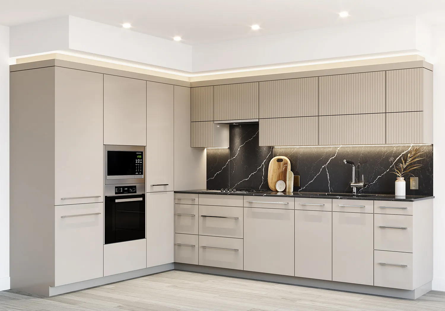 Greenhouse – A rendering of a beige kitchen with a black marble backsplash and countertop, tall pantry cabinets, and a built-in wall oven and microwave.